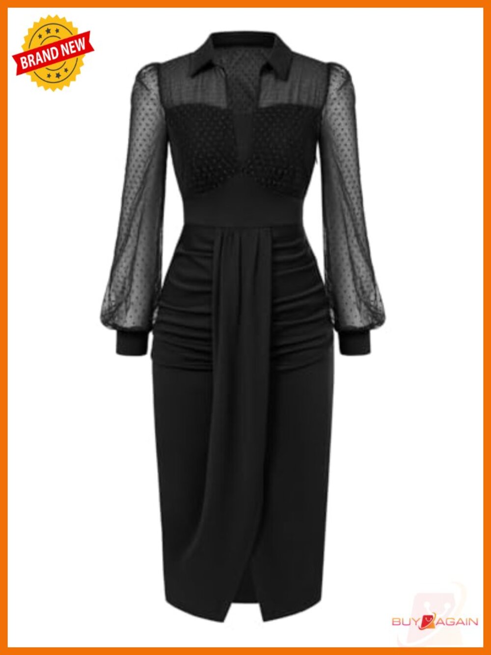 Belle Poque Women's Vintage Mesh Long Sleeve Ruched Bodycon Midi Dress